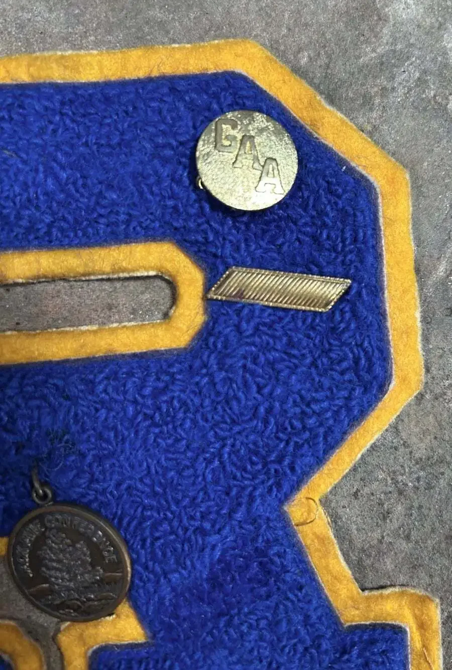 Vintage Blue And Yellow R Chenille Varsity Letter with sports pins 1980